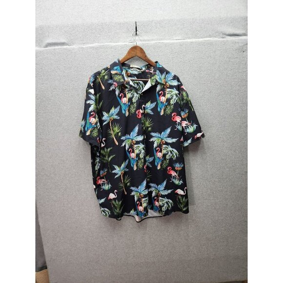 Mens Four Way Stretch Hawaiian Shirt 2XL Tropical Flamingo & Palm Print Black Sh - Picture 1 of 4